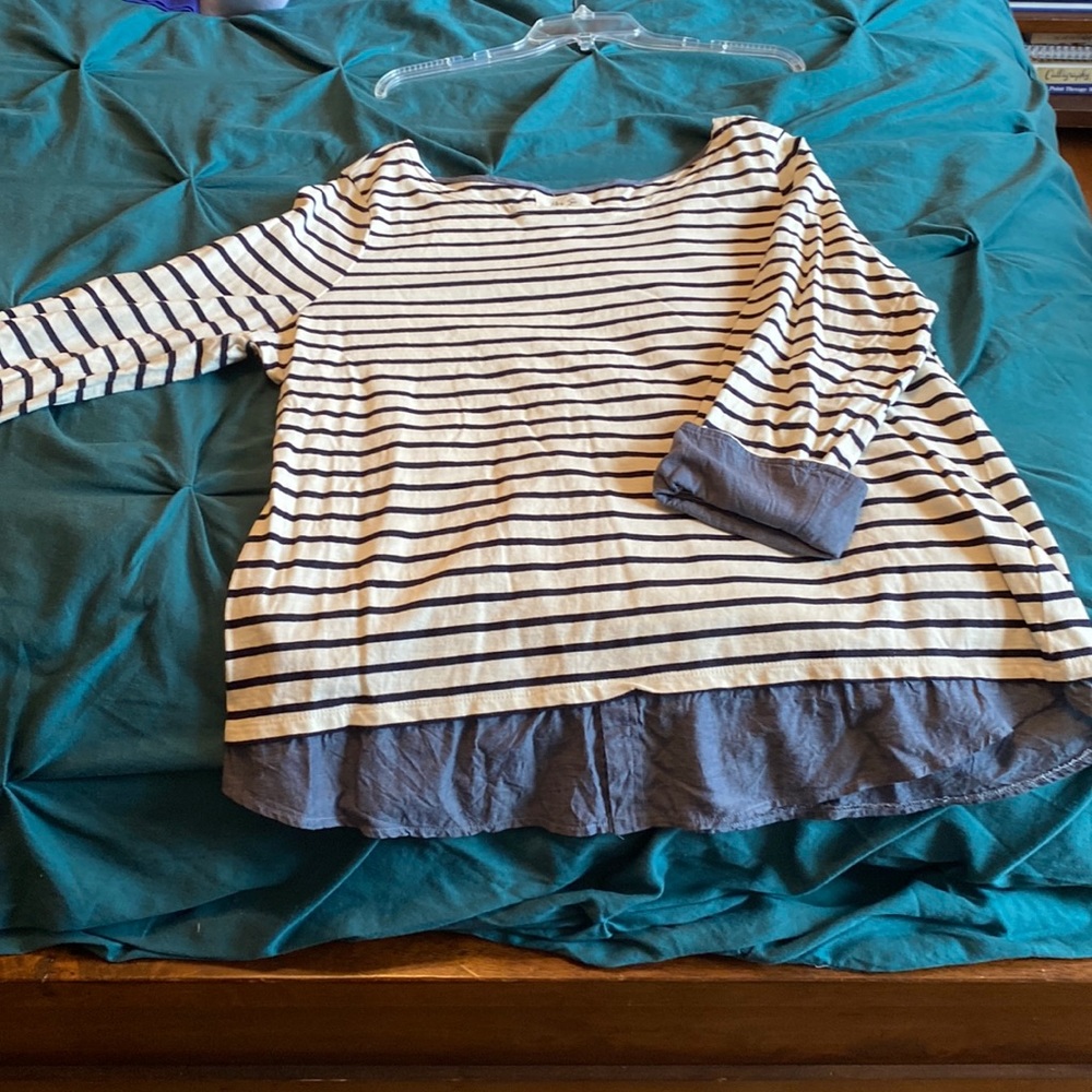 Navy and white stripped shirt with chambray shirt tails and cuffs